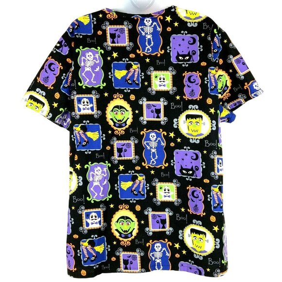 Halloween V-Neck Scrub Top Large by SB Scrubs Black Cotton Fun Holiday Print - Picture 3 of 8